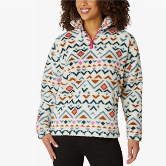 Eddie Bauer Size M Midweight Plush Quarter Zip Fleece Pullover Vanilla Aztec - Picture 3 of 9
